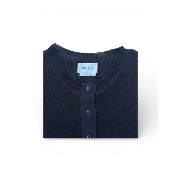 St. John Womens Ribbed Henley Knit Top Black Elbow Sleeve XS Rayon - Picture 3 of 4